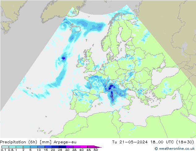 Yağış (6h) Arpege-eu Sa 21.05.2024 00 UTC