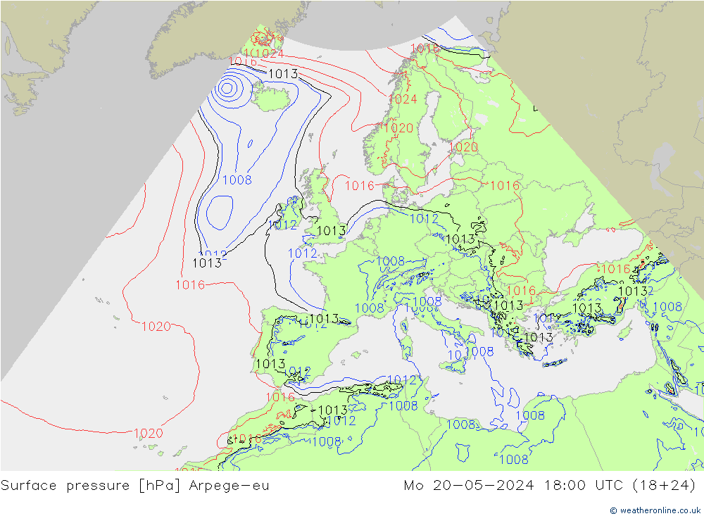 地面气压 Arpege-eu 星期一 20.05.2024 18 UTC