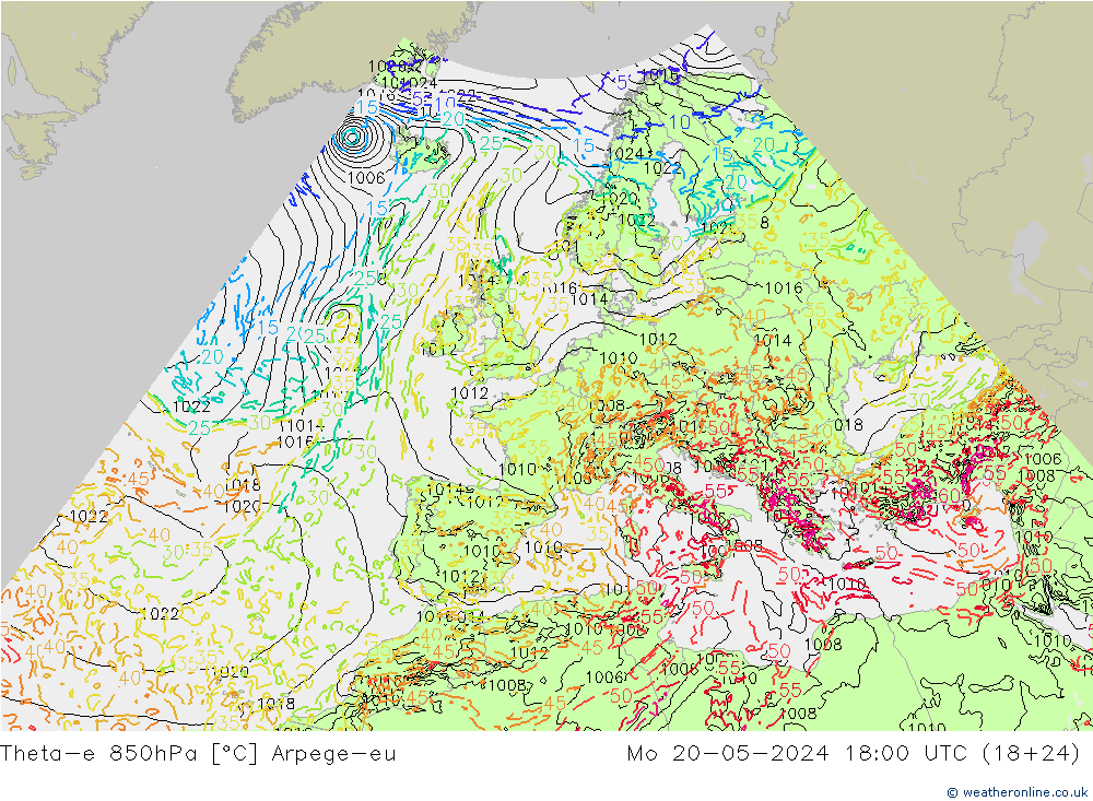 Theta-e 850hPa Arpege-eu 星期一 20.05.2024 18 UTC