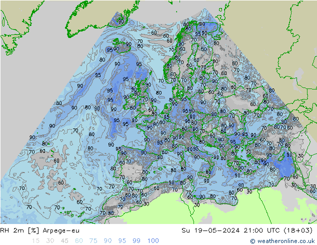 RH 2m Arpege-eu 星期日 19.05.2024 21 UTC