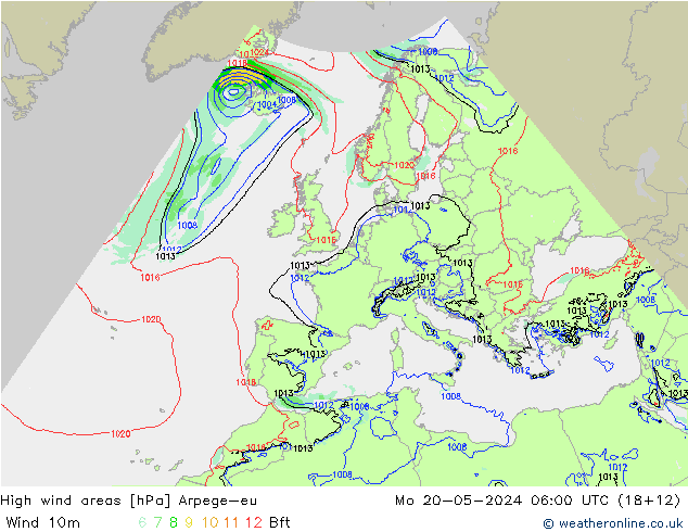 High wind areas Arpege-eu 星期一 20.05.2024 06 UTC