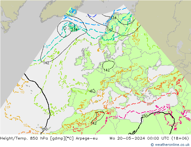 Height/Temp. 850 hPa Arpege-eu 星期一 20.05.2024 00 UTC