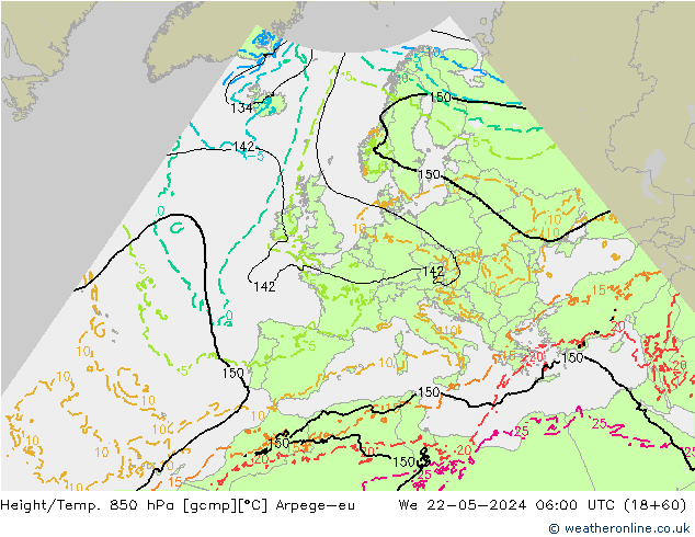 Hoogte/Temp. 850 hPa Arpege-eu wo 22.05.2024 06 UTC
