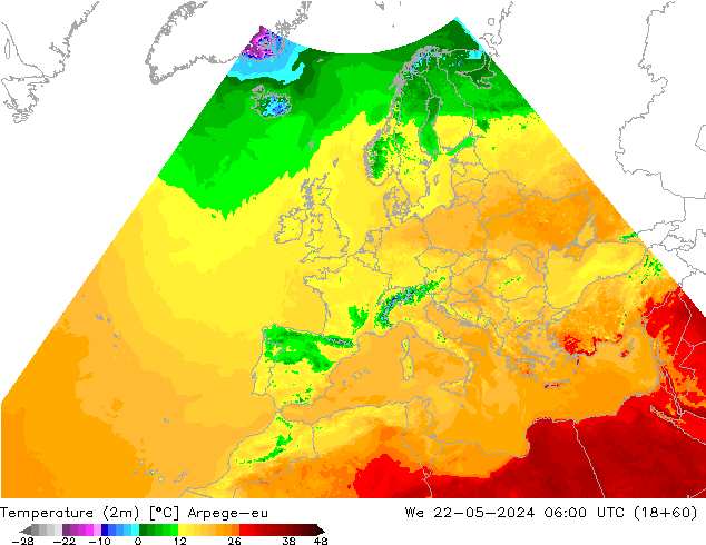Temperatura (2m) Arpege-eu mer 22.05.2024 06 UTC