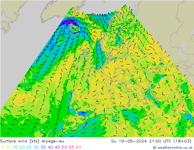 Surface wind Arpege-eu Ne 19.05.2024 21 UTC