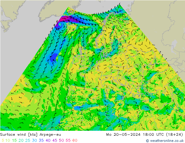Surface wind Arpege-eu Mo 20.05.2024 18 UTC