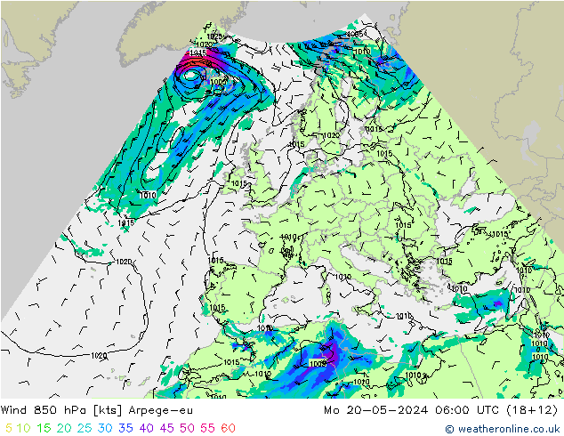 Wind 850 hPa Arpege-eu ma 20.05.2024 06 UTC