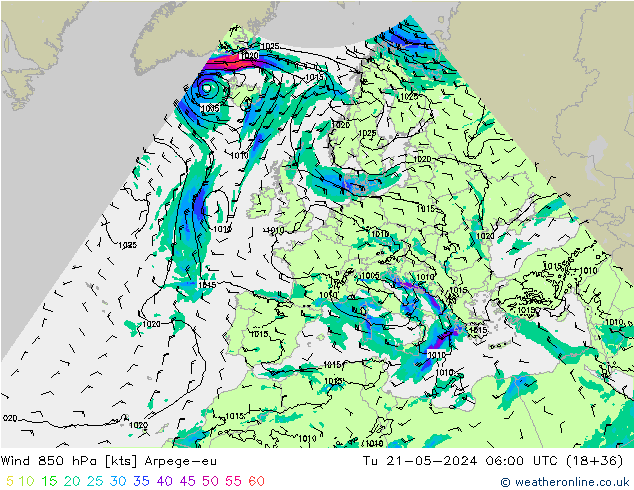 Wind 850 hPa Arpege-eu Di 21.05.2024 06 UTC