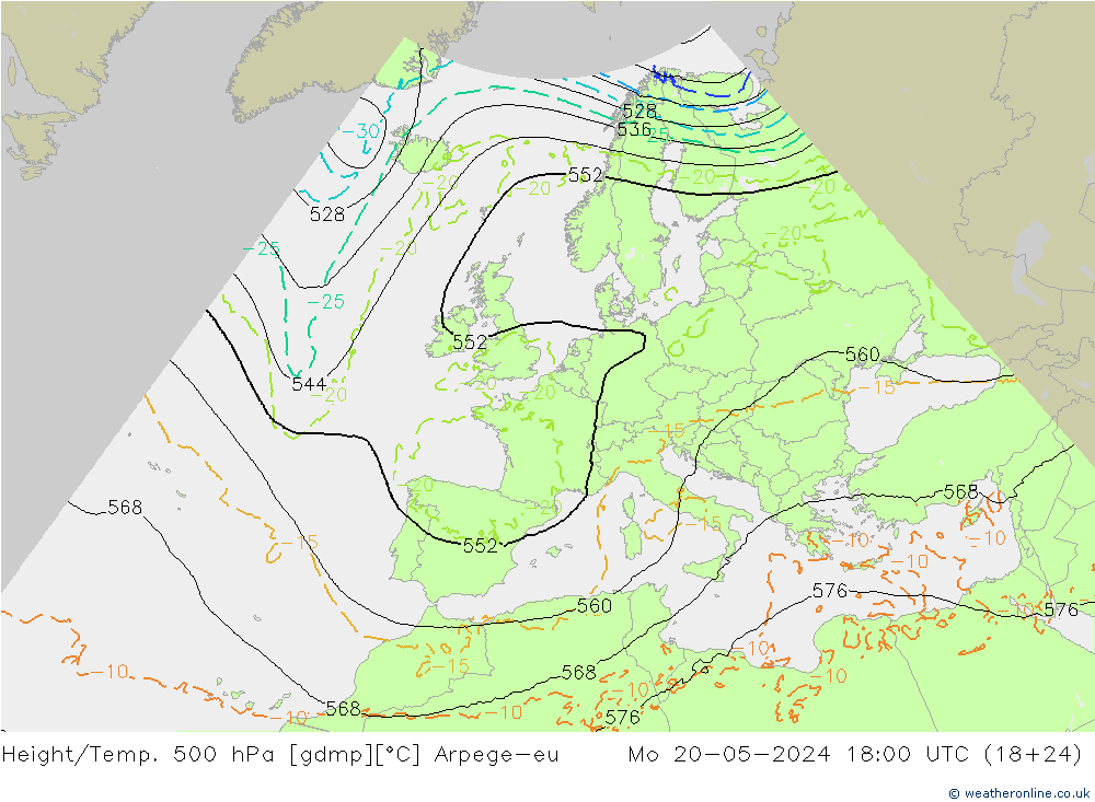 Height/Temp. 500 hPa Arpege-eu Po 20.05.2024 18 UTC