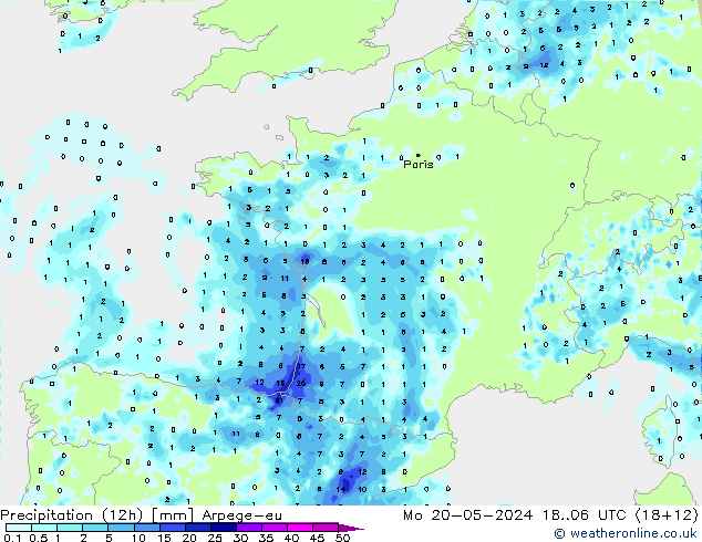 Precipitation (12h) Arpege-eu Mo 20.05.2024 06 UTC