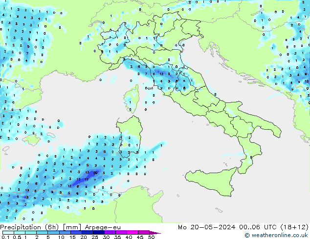 Yağış (6h) Arpege-eu Pzt 20.05.2024 06 UTC