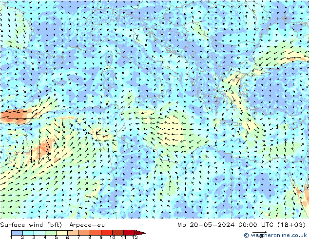 Surface wind (bft) Arpege-eu Mo 20.05.2024 00 UTC