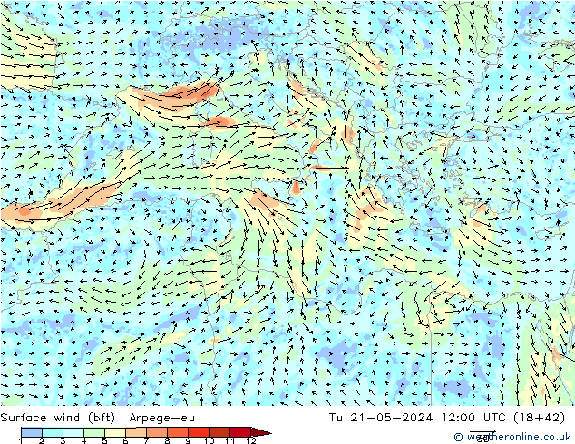 Surface wind (bft) Arpege-eu Tu 21.05.2024 12 UTC