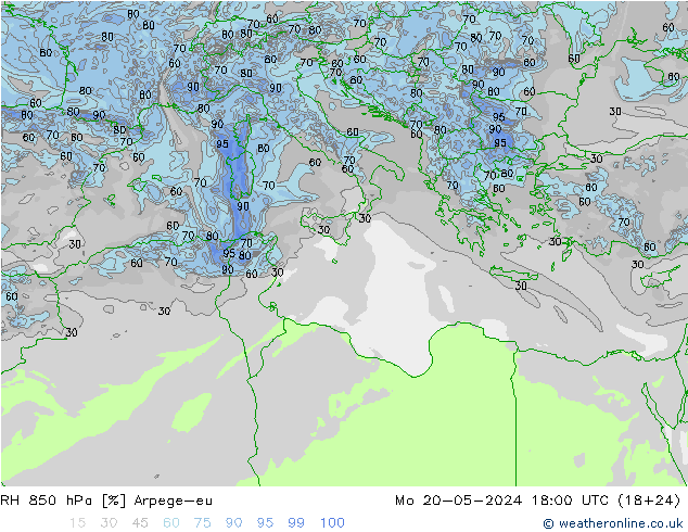 RH 850 гПа Arpege-eu пн 20.05.2024 18 UTC
