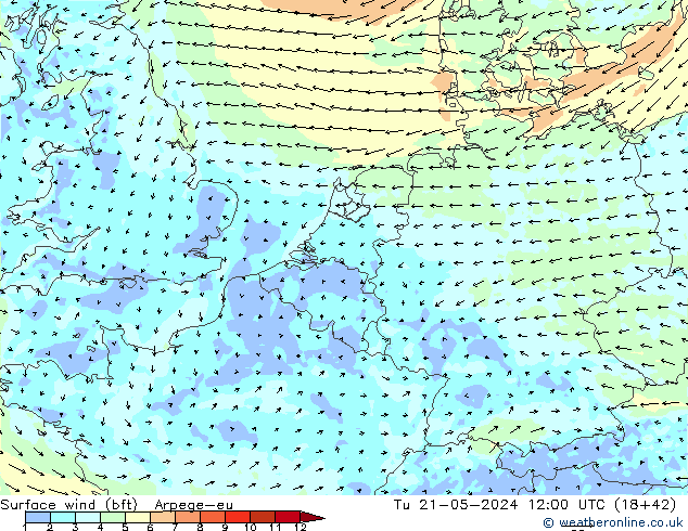 Surface wind (bft) Arpege-eu Út 21.05.2024 12 UTC
