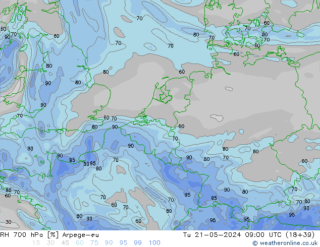 RH 700 hPa Arpege-eu Tu 21.05.2024 09 UTC