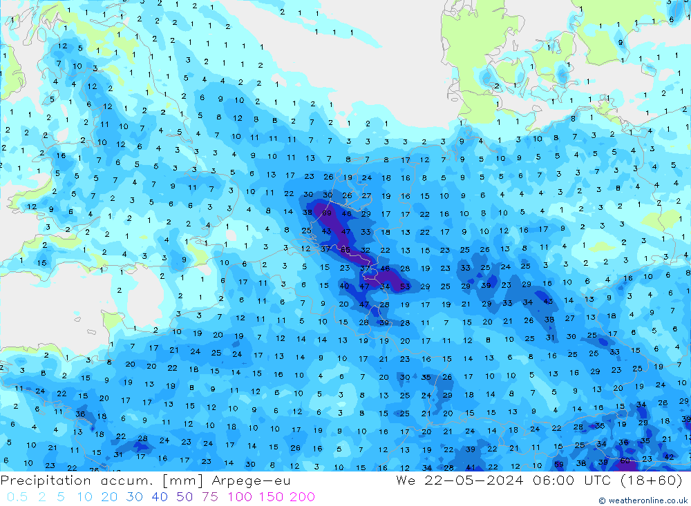 Precipitation accum. Arpege-eu Qua 22.05.2024 06 UTC