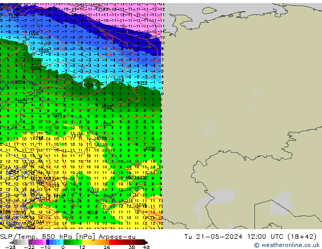 SLP/Temp. 850 hPa Arpege-eu Tu 21.05.2024 12 UTC