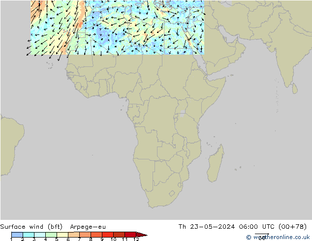 Surface wind (bft) Arpege-eu Th 23.05.2024 06 UTC