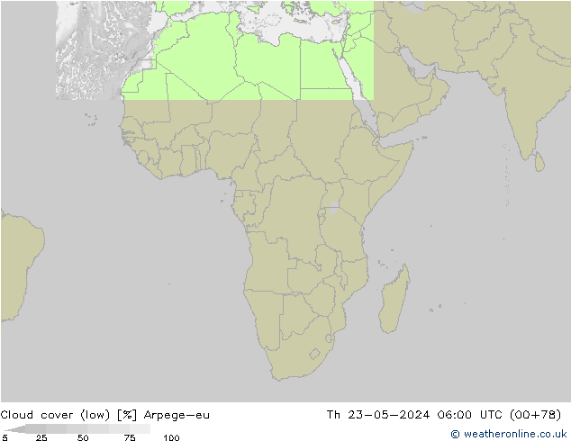 Cloud cover (low) Arpege-eu Th 23.05.2024 06 UTC