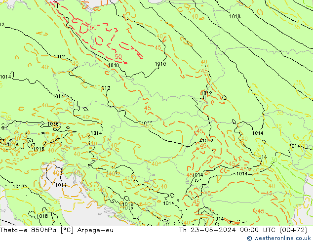 Theta-e 850hPa Arpege-eu jue 23.05.2024 00 UTC