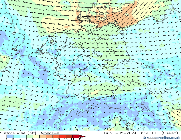 Surface wind (bft) Arpege-eu Út 21.05.2024 18 UTC
