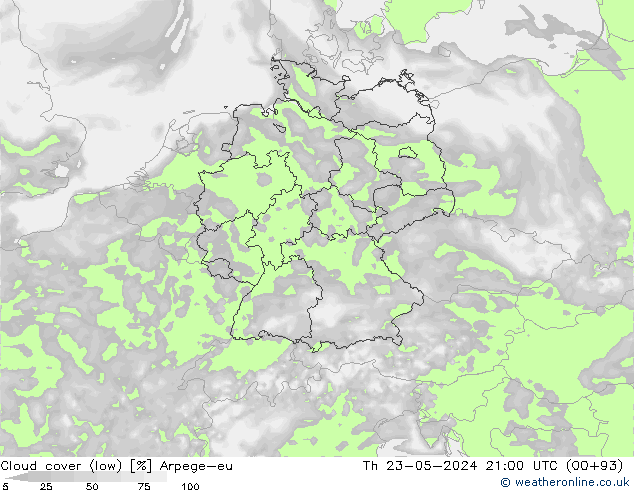 Cloud cover (low) Arpege-eu Th 23.05.2024 21 UTC