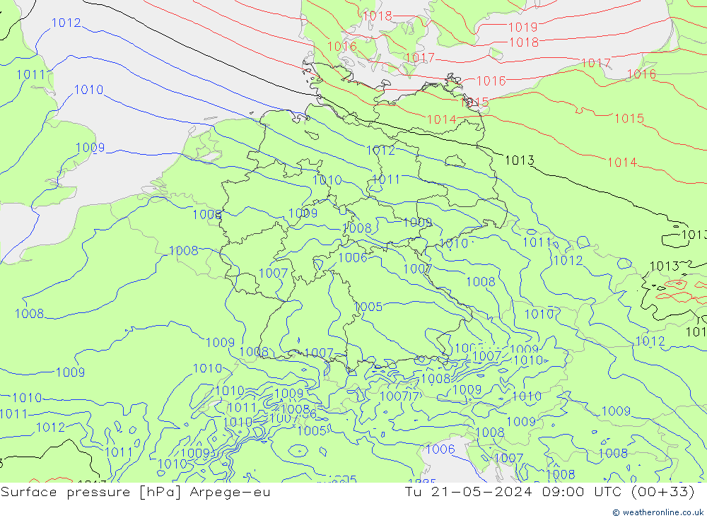 приземное давление Arpege-eu вт 21.05.2024 09 UTC