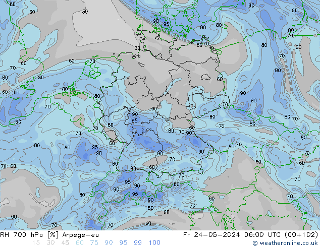 Humidité rel. 700 hPa Arpege-eu ven 24.05.2024 06 UTC