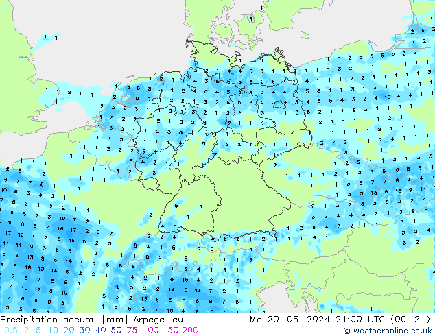 Precipitation accum. Arpege-eu Po 20.05.2024 21 UTC