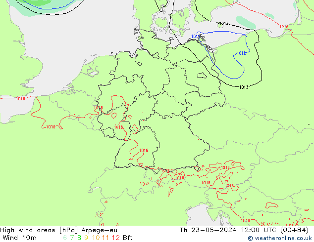 High wind areas Arpege-eu  23.05.2024 12 UTC