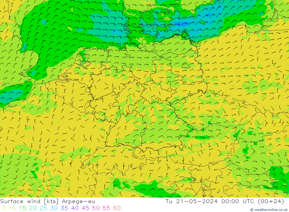 Surface wind Arpege-eu Tu 21.05.2024 00 UTC