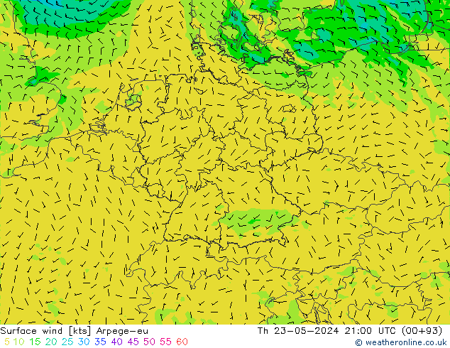 Surface wind Arpege-eu Th 23.05.2024 21 UTC