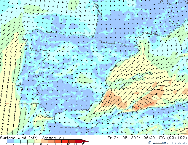 Surface wind (bft) Arpege-eu Pá 24.05.2024 06 UTC