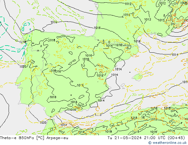 Theta-e 850hPa Arpege-eu Tu 21.05.2024 21 UTC