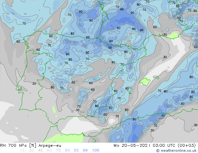 RH 700 гПа Arpege-eu пн 20.05.2024 03 UTC