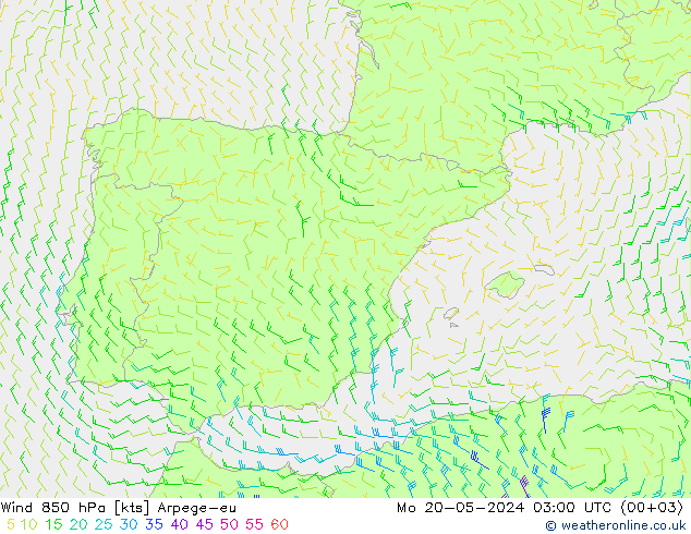 Wind 850 hPa Arpege-eu ma 20.05.2024 03 UTC