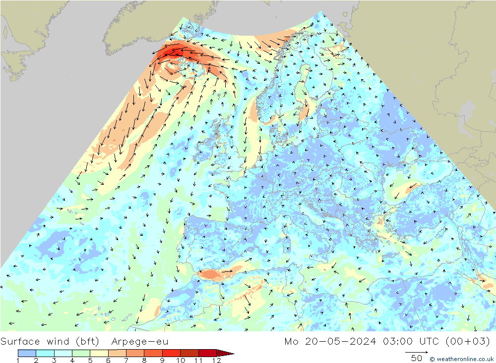 Bodenwind (bft) Arpege-eu Mo 20.05.2024 03 UTC