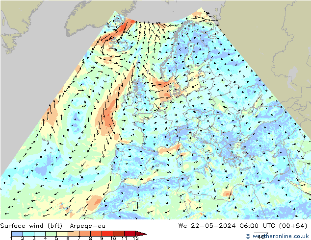 Surface wind (bft) Arpege-eu We 22.05.2024 06 UTC