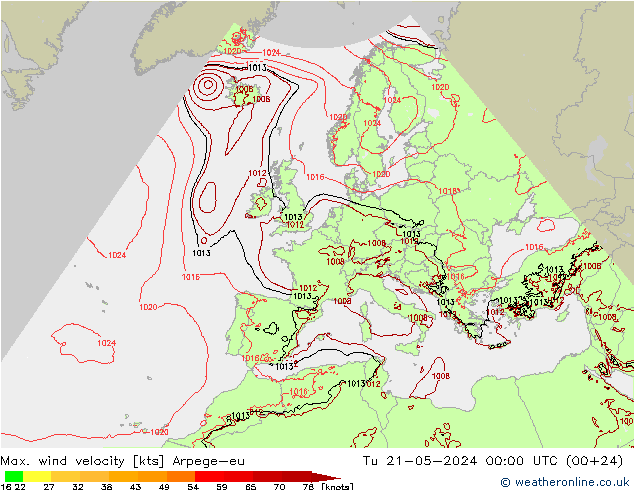 Max. wind velocity Arpege-eu Ter 21.05.2024 00 UTC