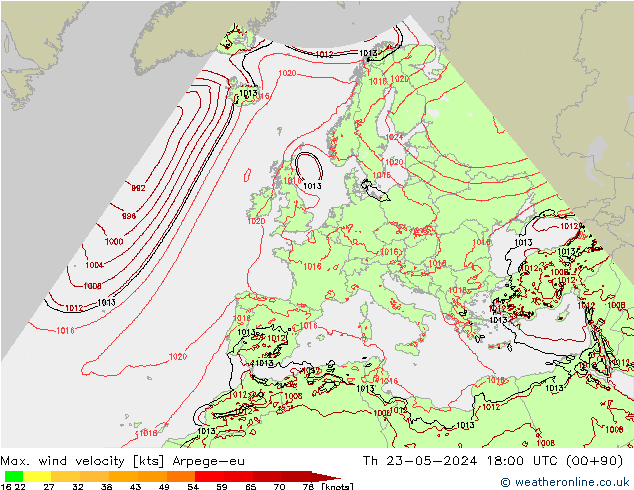Max. wind snelheid Arpege-eu do 23.05.2024 18 UTC
