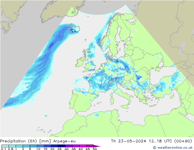 Totale neerslag (6h) Arpege-eu do 23.05.2024 18 UTC