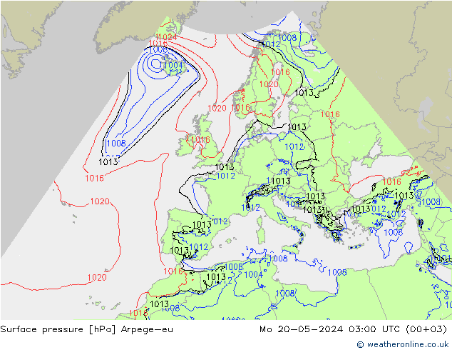 Surface pressure Arpege-eu Mo 20.05.2024 03 UTC