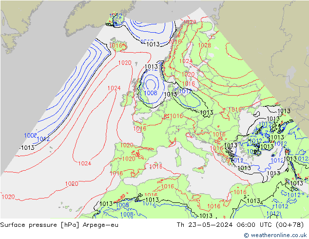 Atmosférický tlak Arpege-eu Čt 23.05.2024 06 UTC
