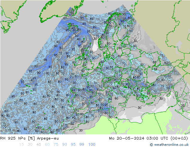 Humidité rel. 925 hPa Arpege-eu lun 20.05.2024 03 UTC