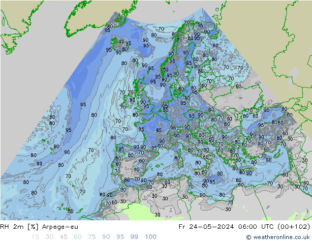 Humidité rel. 2m Arpege-eu ven 24.05.2024 06 UTC