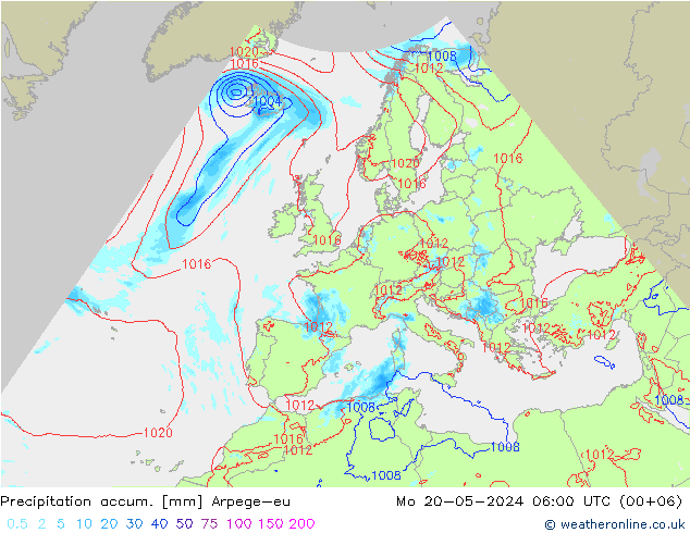 Precipitation accum. Arpege-eu Mo 20.05.2024 06 UTC
