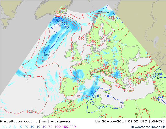 Precipitation accum. Arpege-eu Mo 20.05.2024 09 UTC