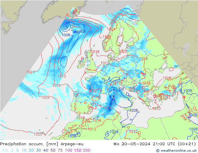 Precipitation accum. Arpege-eu  20.05.2024 21 UTC