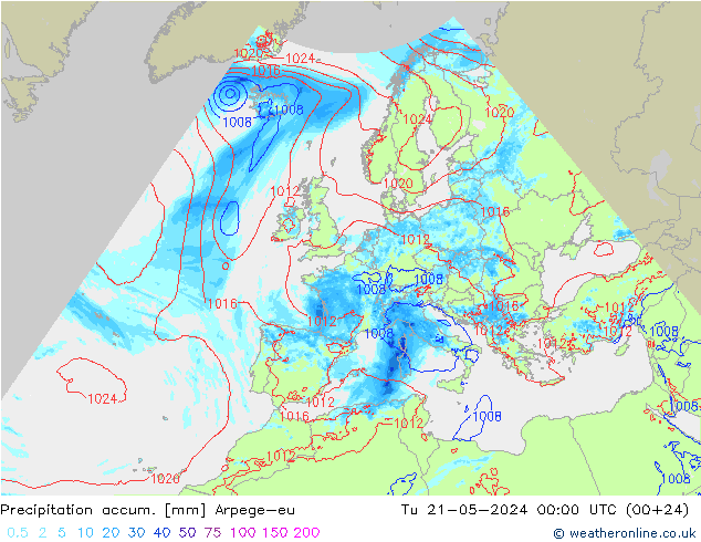 Precipitation accum. Arpege-eu 星期二 21.05.2024 00 UTC